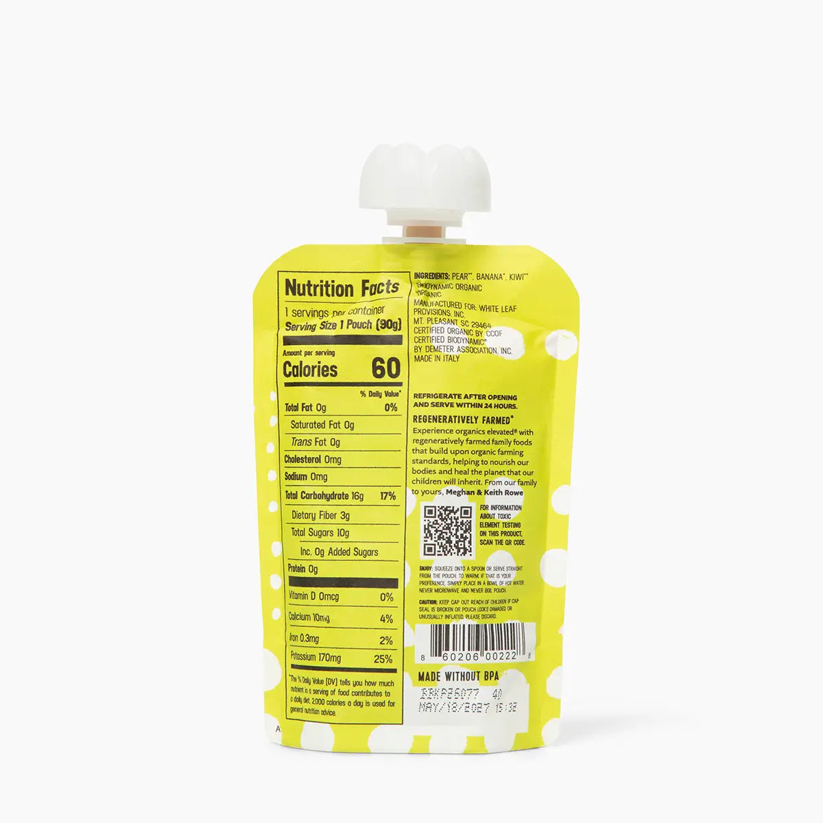 Nutrition Info for Pear + Banana + Kiwi Puree: 60 Calories, 0g Fat, 0mg Cholesterol, 0mg Sodium, 16g Carb (3g Dietary Fiber, 10g Total Sugars, 0g Added Sugars) 0g Protein, 0mcg Vitamin D, 10mg Calcium, 0.3mg Iron, 170mg Potassium