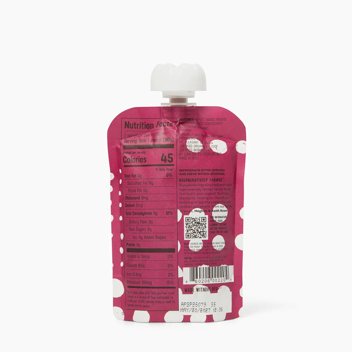 Nutrition Info for Apple + Sweet Potato + Beet Puree: 45 Calories, 0g Fat, 0mg Cholesterol, 0mg Sodium, 11g Carb (3g Dietary Fiber, 9g Total Sugars, 0g Added Sugars) 0g Protein, 0mcg Vitamin D, 0mg Calcium, 0.3mg Iron, 100mg Potassium