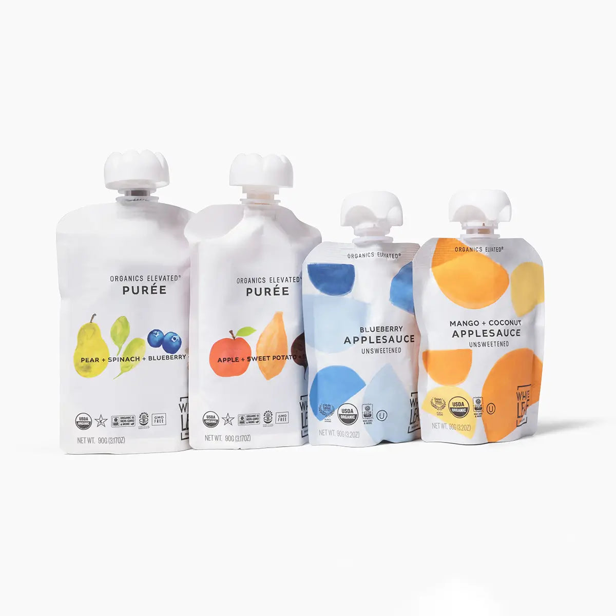 organic baby food pouches included in bundle: pear spinach blueberry oat puree, apple sweet potato beet puree, blueberry applesauce, and mango coconut applesauce