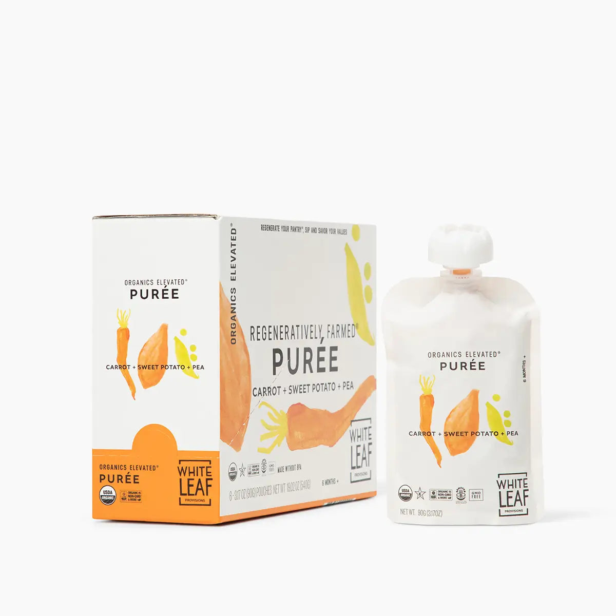 Pouches of Organic Regeneratively Farmed® Carrot + Pea + Sweet Potato Baby Food Puree