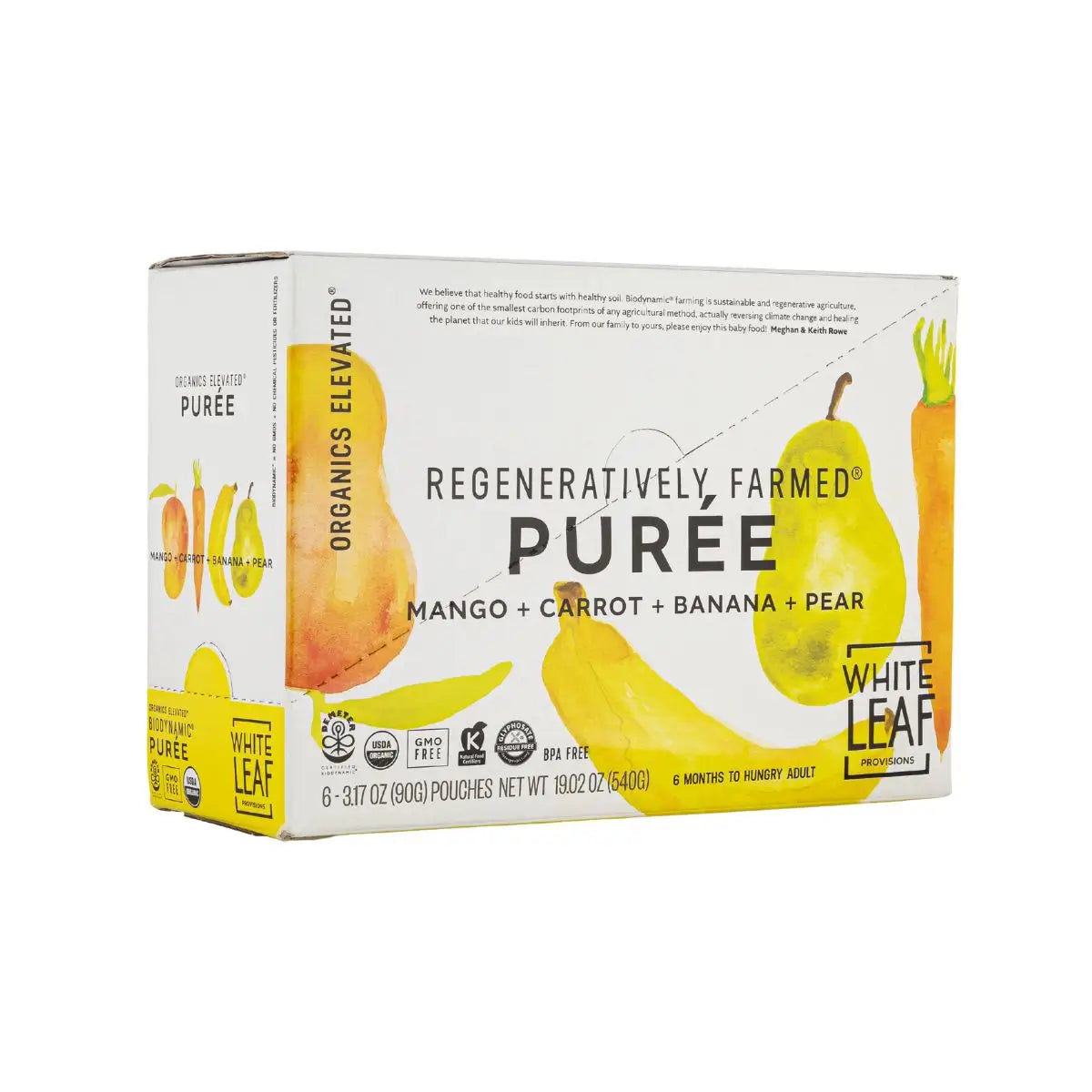 Box of Organic Regeneratively Farmed® Mango + Carrot + Banana + Pear Puree | White Leaf Provisions Carrot Baby Food
