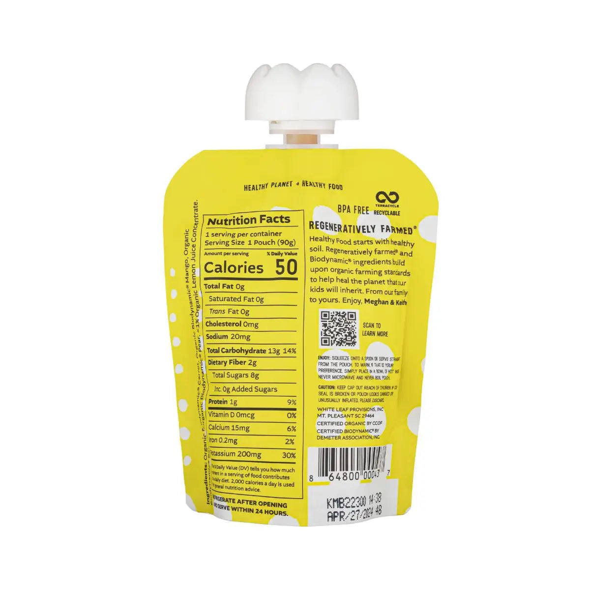 Nutrition Facts for Organic Regeneratively Farmed® Mango + Carrot + Banana + Pear Puree | White Leaf Provisions