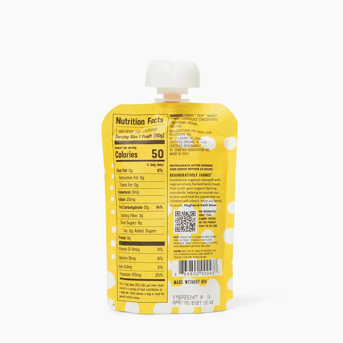 Nutrition Info for Mango + Carrot + Banana + Pear Puree: 50 Calories, 0g Fat, 0mg Cholesterol, 25mg Sodium, 13g Carb (3g Dietary Fiber, 9g Total Sugars, 0g Added Sugars) 0g Protein, 0mcg Vitamin D, 15mg Calcium, 0.3mg Iron, 170mg Potassium