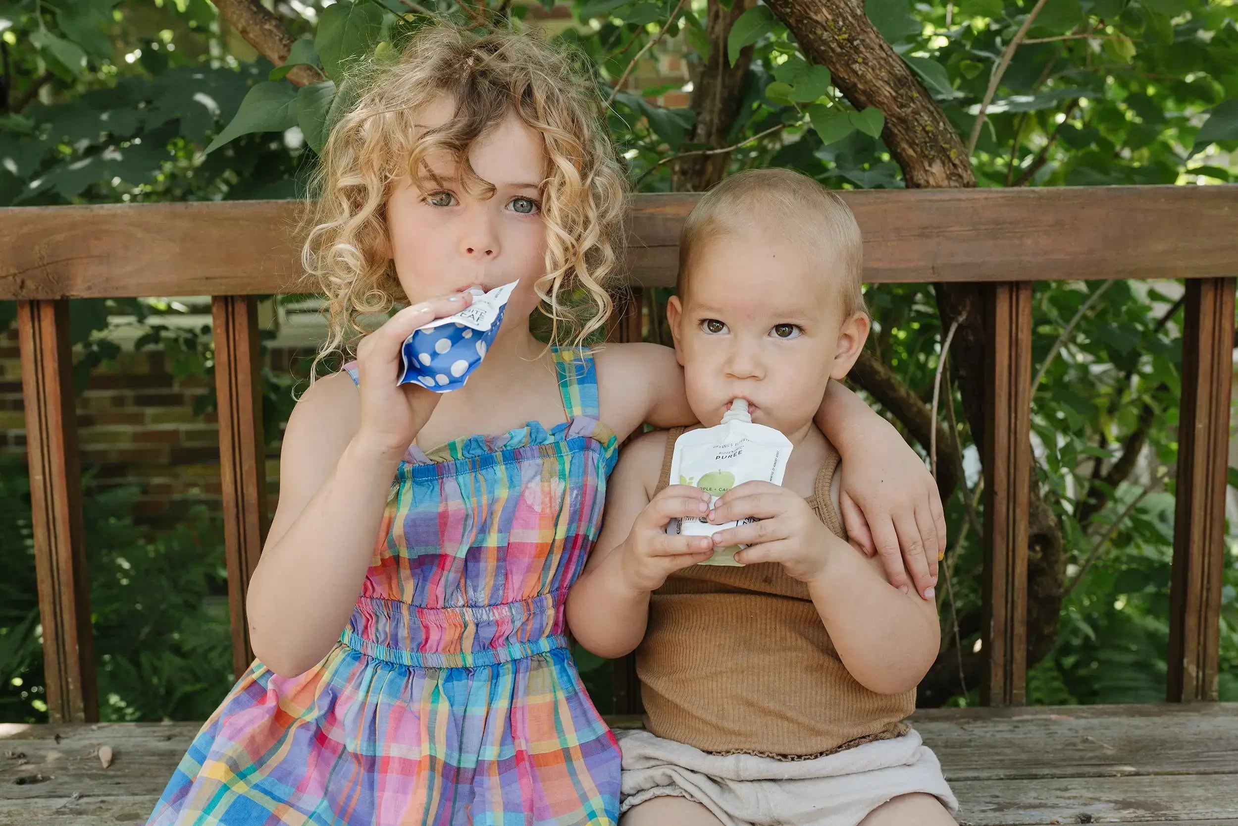 kids eating organic baby food pouches