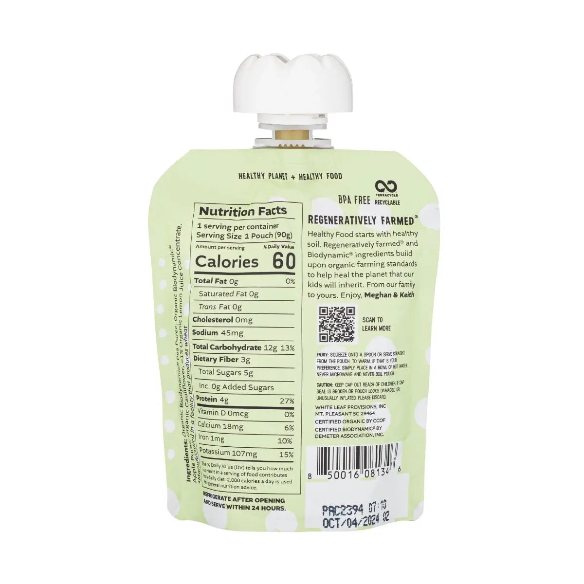 Organic Regeneratively Farmed Pea + Apple + Cauliflower Puree | White Leaf Provisions