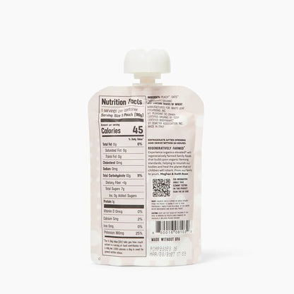 Organic Regeneratively Farmed® Peach + Oat Puree | White Leaf Provisions Nutrition Info: Serving size - 1 pouch (90g). Per Serving: 45 calories, 0g total fat, 0mg cholesterol, 0mg sodium, 10g total carbohydrate, <1g dietary fiber, 7g total sugars, 0 added sugars, 1g protein, 0mcg vitamin d, 5mg calcium, 0mg iron, 180mg potassium
