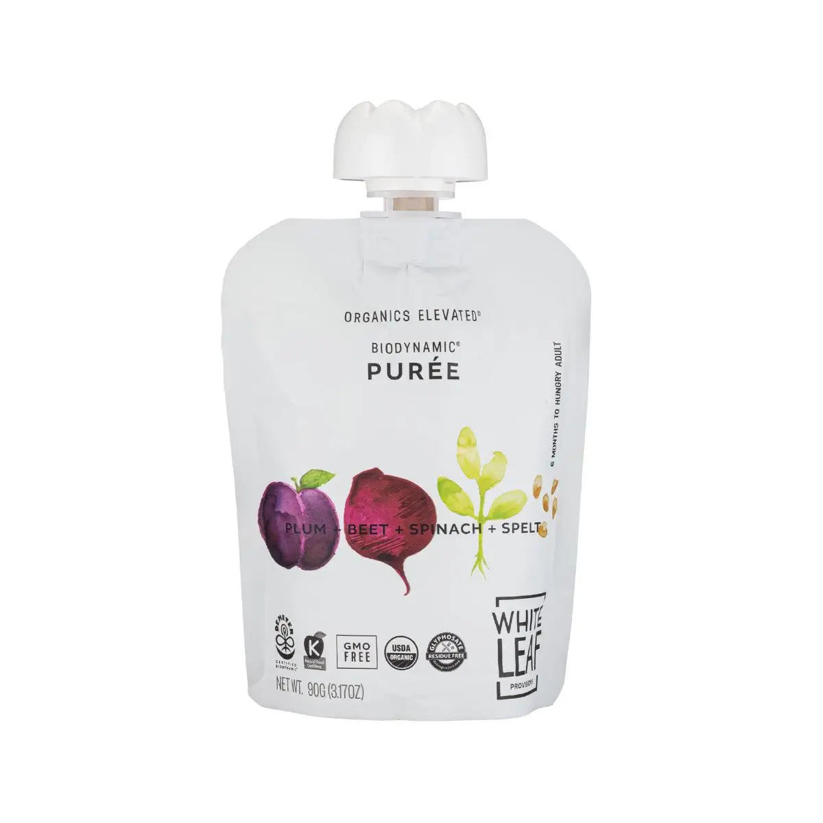 Regeneratively Farmed Organic Baby Food Pouch with Plums + Beet + Spinach + Spelt Puree | White Leaf Provisions