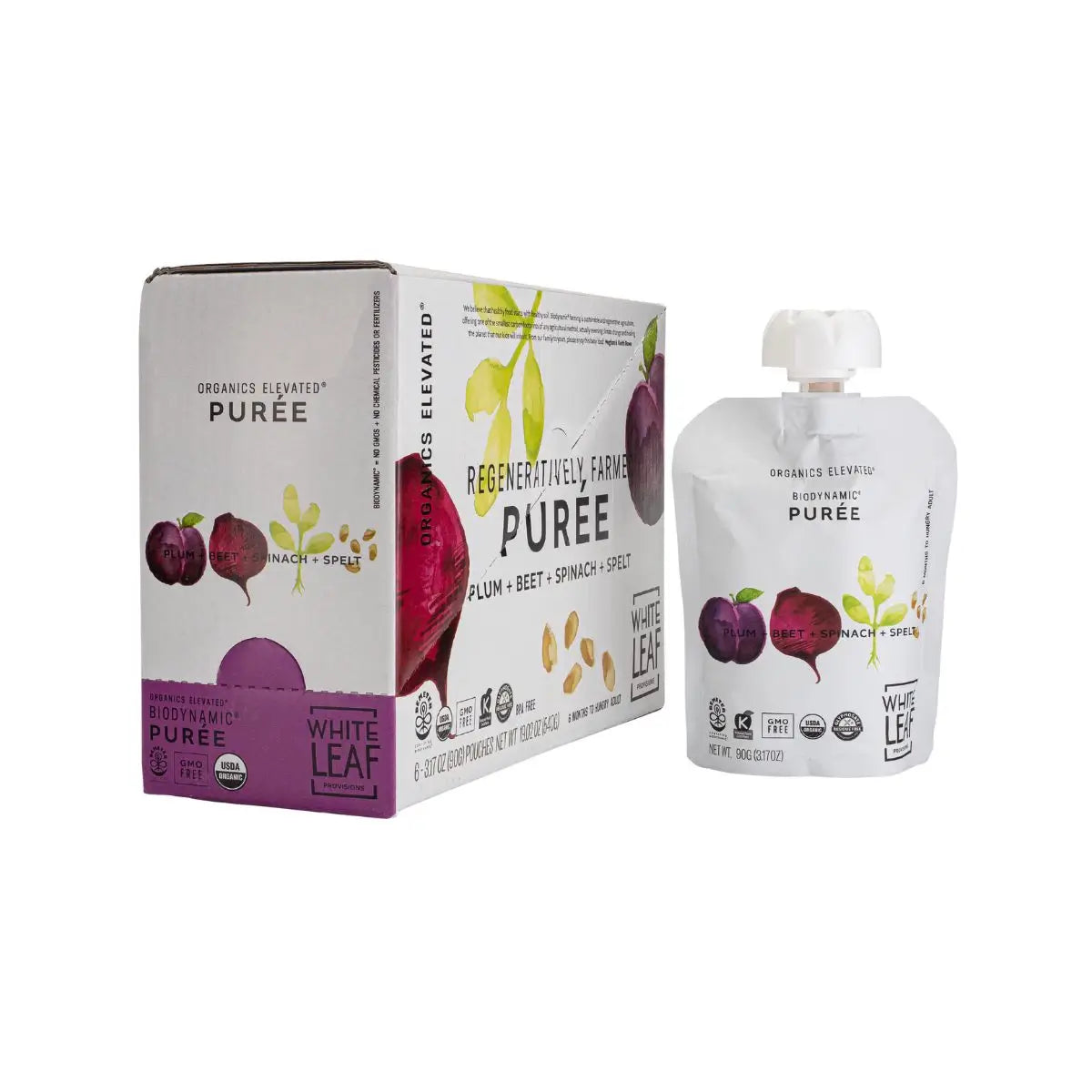 Regeneratively Farmed Organic Baby Food Pouches with Plum + Beet + Spinach + Spelt Puree | White Leaf Provisions